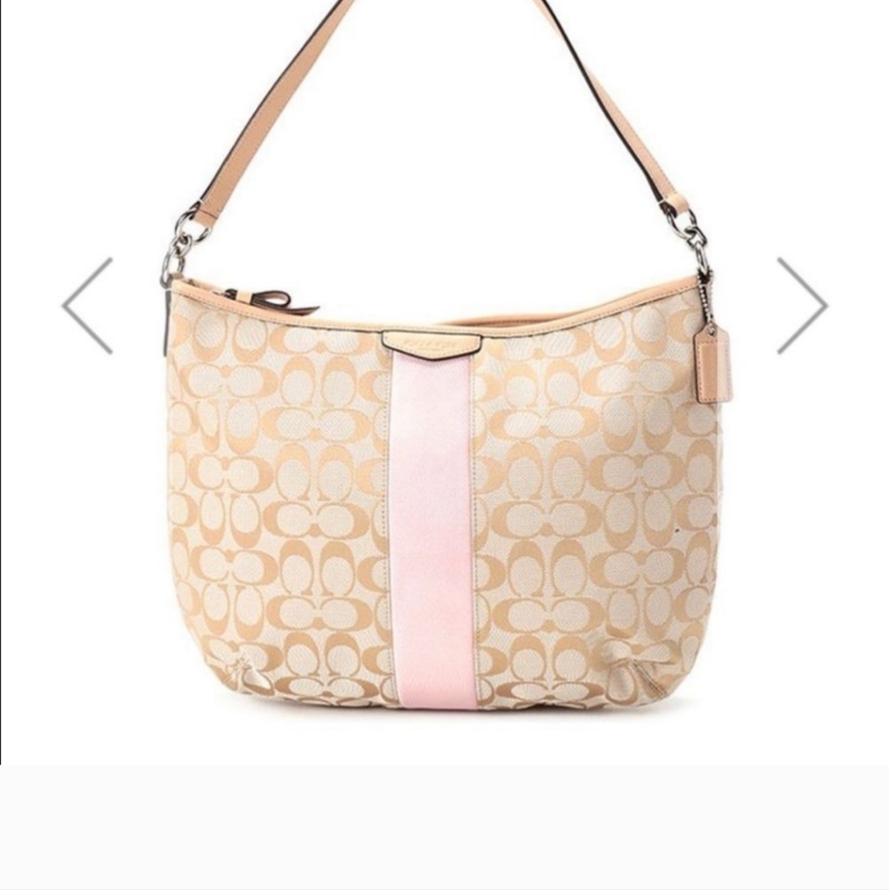 Coach Beige Signature Shoulder Bag with Pink Center Stripe